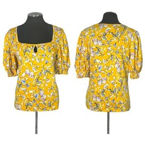 Yellow Floral Square-Neck Puff Sleeve Blouse